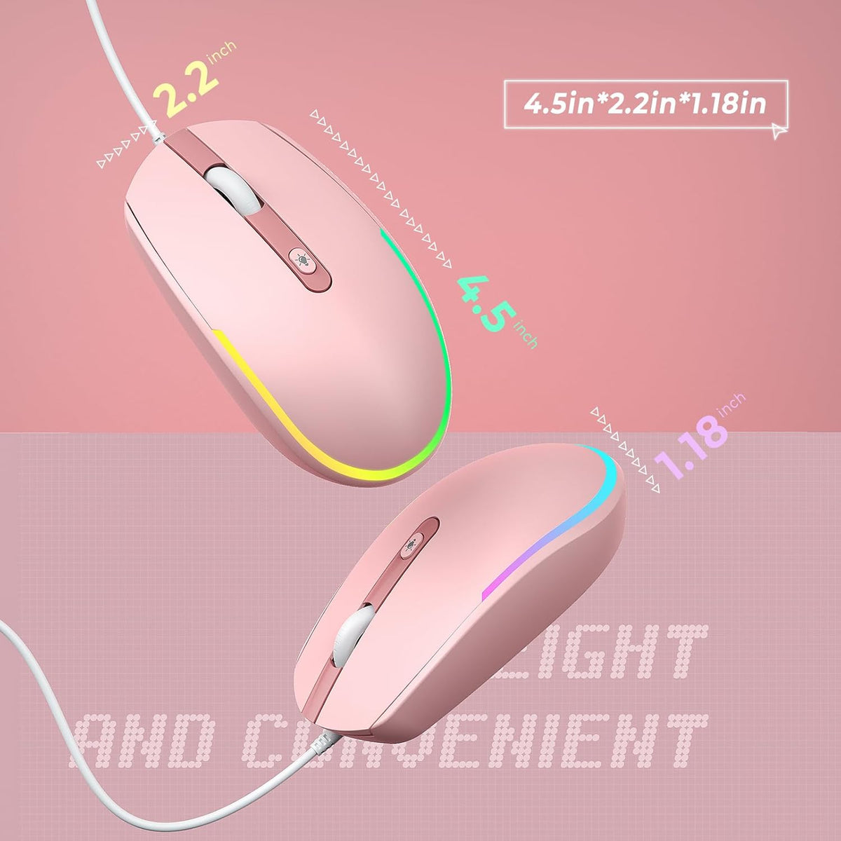 seenda Wired Mouse - USB Computer Mice Wired with RGB Backlit Optical LED Mouse with Attached USB Cord for Laptops Notebooks Chromebook - Pink
