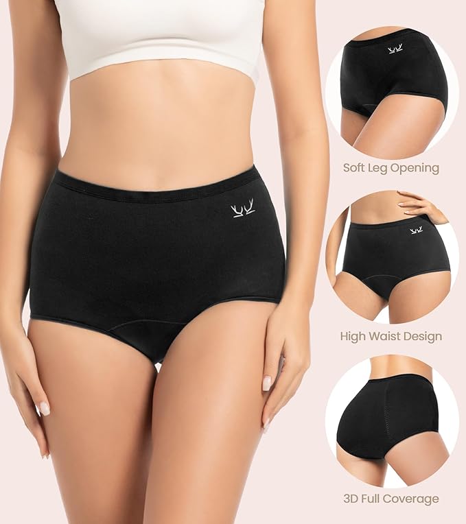 Benirap Period Underwear for Women Heavy Flow Leakproof High Waisted Cotton Panties Postpartum Menstrual Briefs 3 Pack
