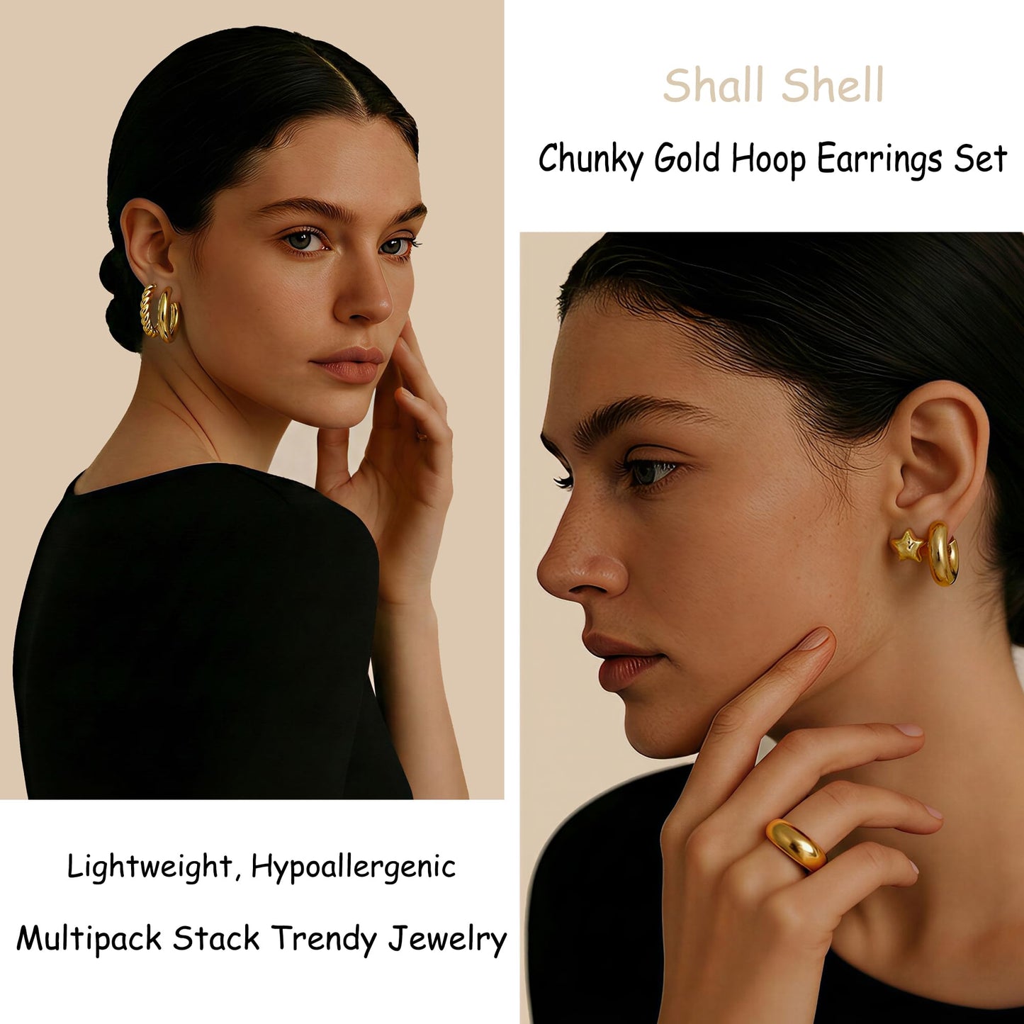 16 Pairs Starfish Chunky Gold Hoop Earrings Set for Women, Beach Shell Style Stack Statement Earrings, Hypoallergenic Lightweight Gold Plated Trendy Summer Jewelry Gift