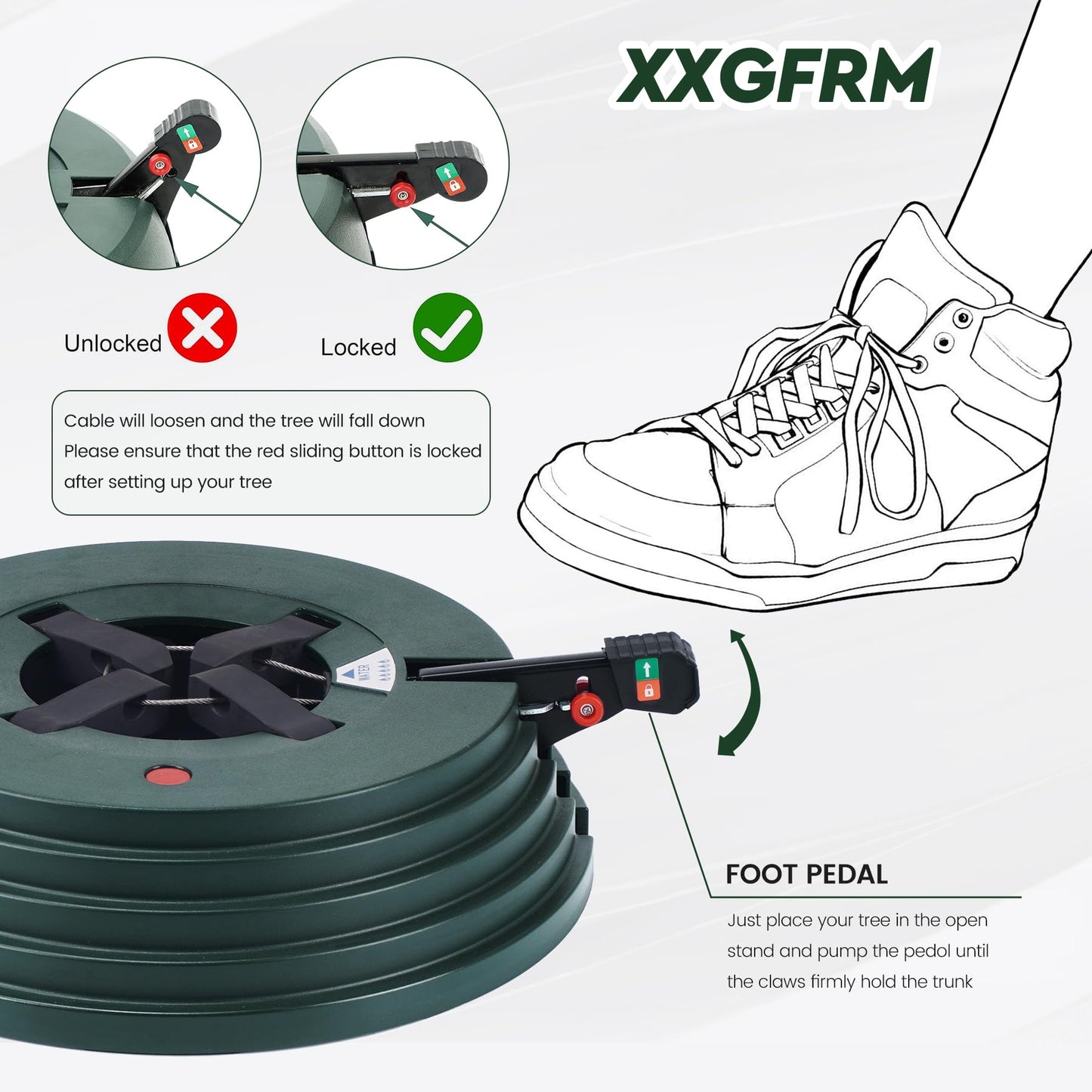 XXGFRM Christmas Tree Stand with Water Reservoir, Fast Clamp, Foot Pedal, Water Level Indicator, Fits up to 9FT
