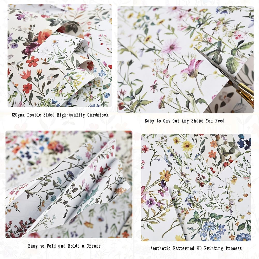 Diuhofart 12x12 Scrapbook Paper Pad - 24 Sheets Double-Sided Pastel Wildflower Paper - Dainty Daisy & Lavender Patterns for Spring Layouts, Easter Crafts & Romantic Journals