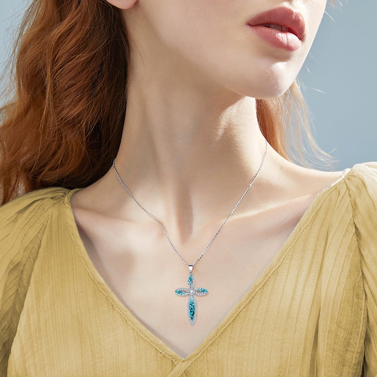 ONEFINITY Religious Cross Pendant Necklace 925 Sterling Silver Turquoise Cross Pendant Gifts for Women Jewellery