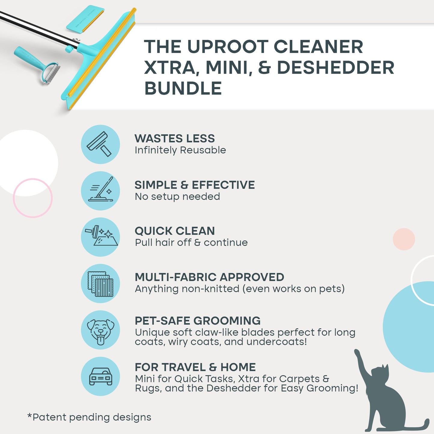 Uproot Clean Xtra, Mini & Deshedder Bundle - Pet Hair Removal Tool & Dog Brush for Shedding - Easy Cat & Dog Hair Remover Carpet Rake Set with Special Grooming Brush