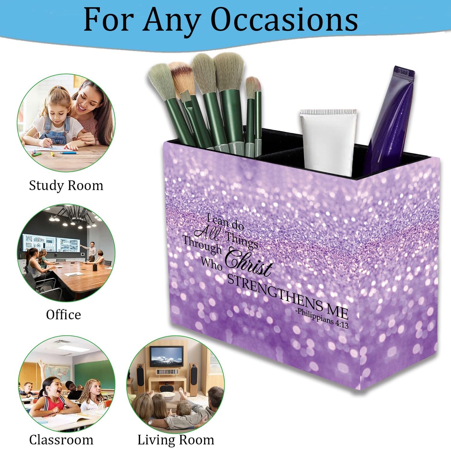 Pen Holder and Anti-Slip Mouse Pad Combination, Makeup Brush Storage Box, Tableware Storage Box, Suitable for Office and Home - Purple Glitter Quote Philippians 4-13