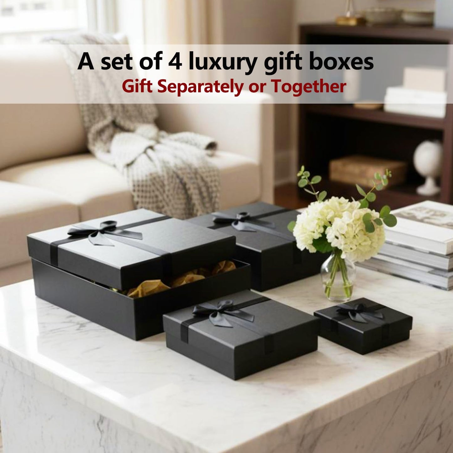 Giftilious Black Gift Box with Lids – A set of 4 Elegant Gift Boxes for Presents, Sturdy Nesting Design for Valentine's Day, Anniversaries, Birthday, Wedding, Ready to Gift – No Assembly Required