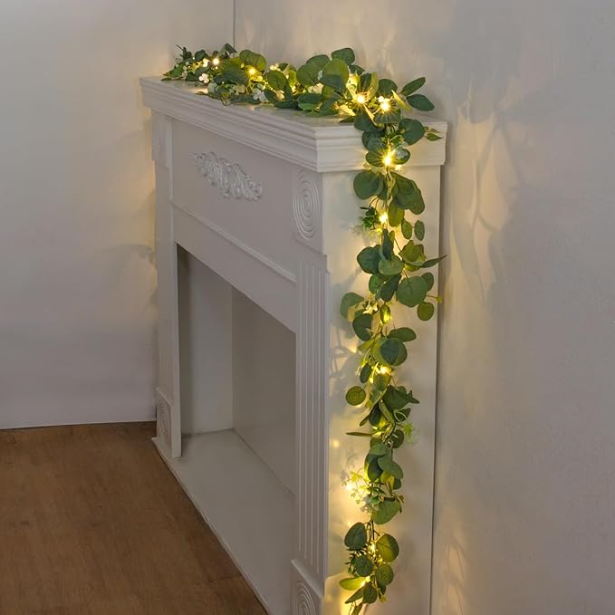 N&T NIETING 4 Pack Artificial Eucalyptus Garland with Lights, 6FT Artificial Greenery Garlands, Battery Operated Twig Vine for Room Stairs Mantle Wedding Holiday Easter Decoration Indoor Outdoor