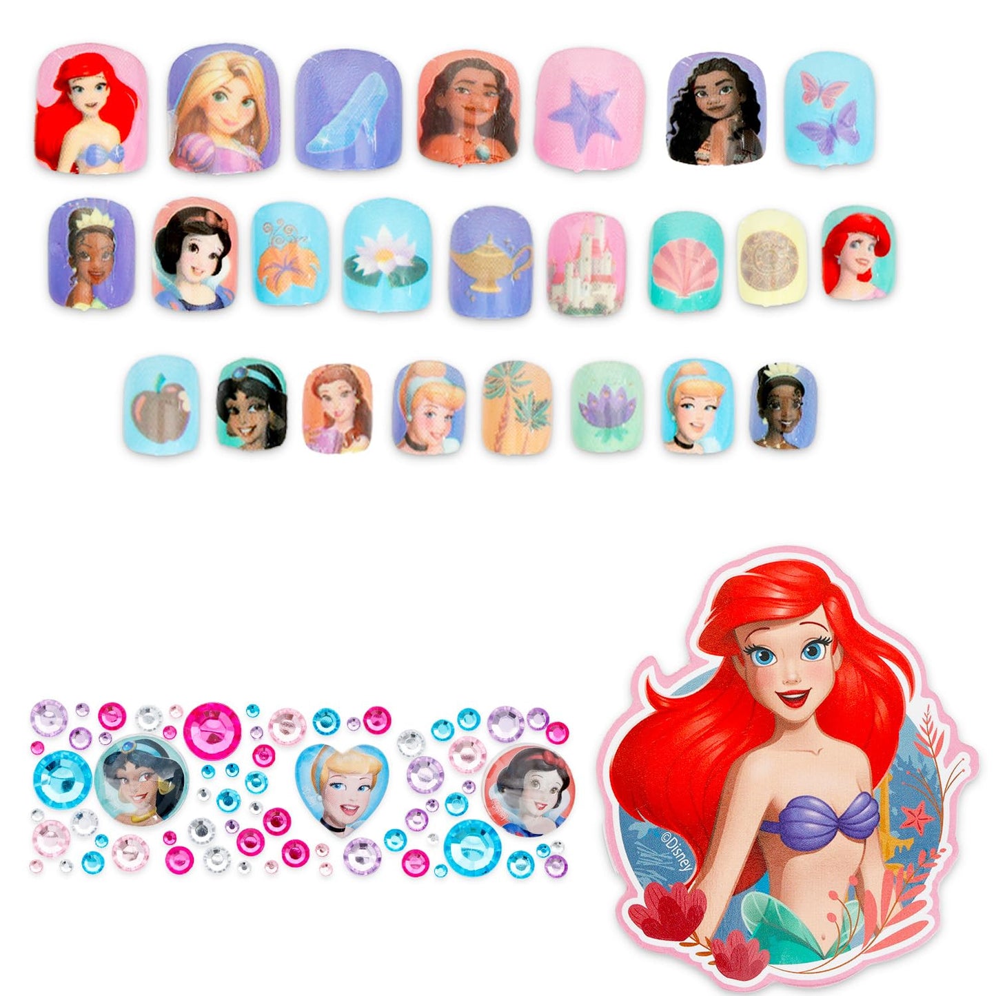 Disney Princess Press-On Nails Manicure Set for Kids - Bundle with 24 Stick-On Nails, Rhinestones, Gemstone Nail Stickers, More | Disney Princess Manicure Kit for Girls