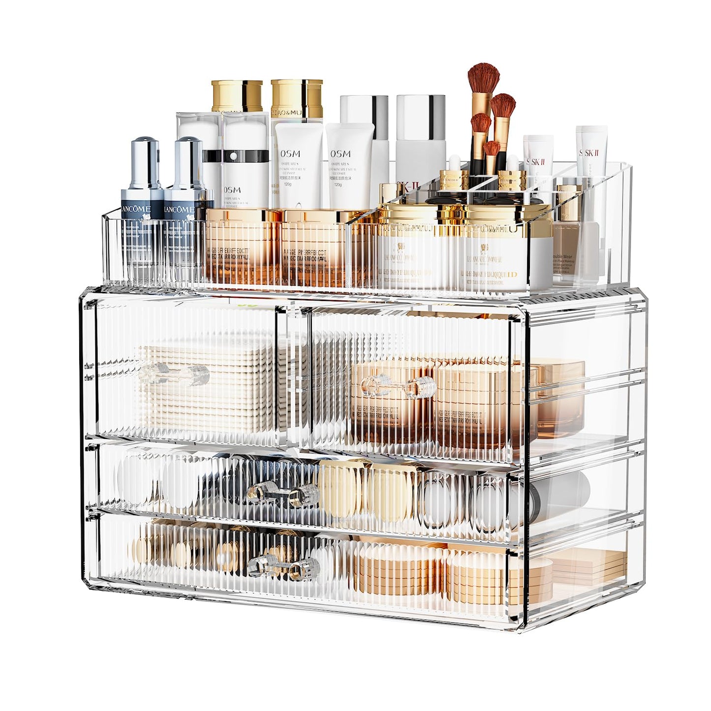 ZHIAI Stackable Storage Drawers, Acrylic Bathroom Counter Organizer Clear Makeup Organizers for Vanity, Kitchen Cabinets, Bathroom, Undersink, Home Organization and Storage (1 Top 4 Drawers D)