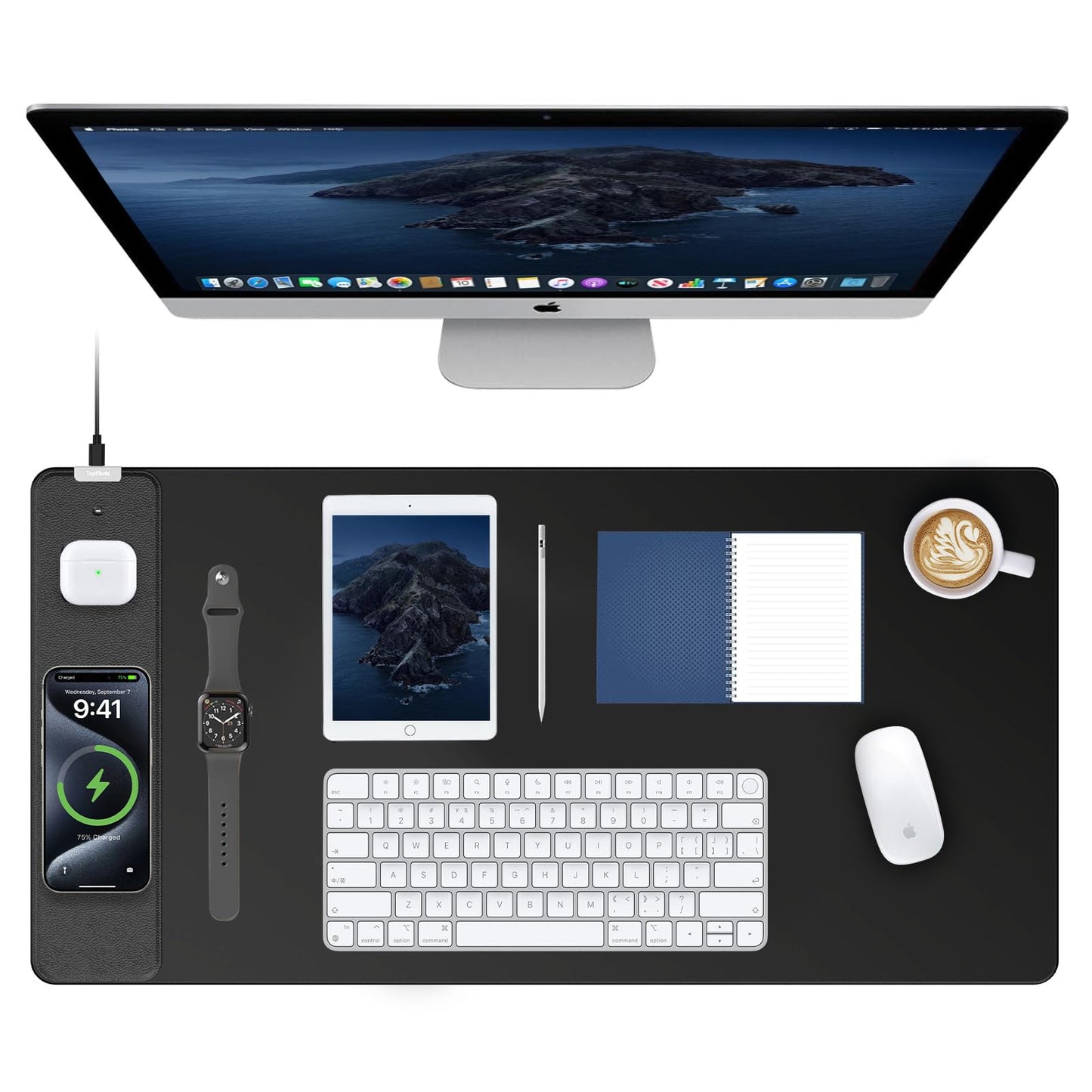 TopMade Mouse Pad with 15W Fast Wireless Charging, 31.5"x15.75" XXL Large Gaming Waterproof Desk Pad with Ultra-Smooth Surface, Non-Slip Base, Computer Desk Mat for MacBook, PC, Laptop, Black