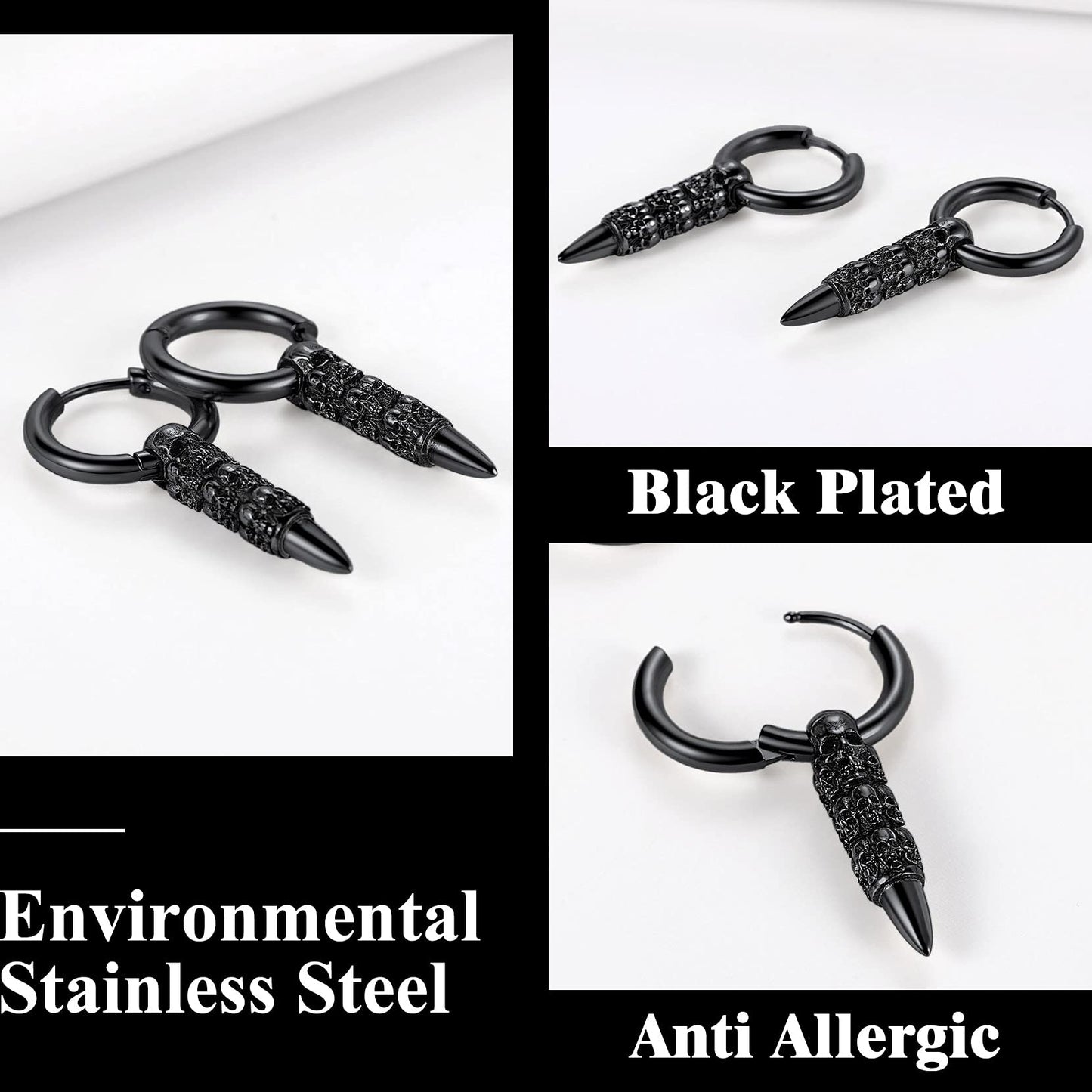 Black Skull Huggie Hoop Earrings Punk Gothic Dangle Skull Bullet Earring for Men Halloween Jewelry