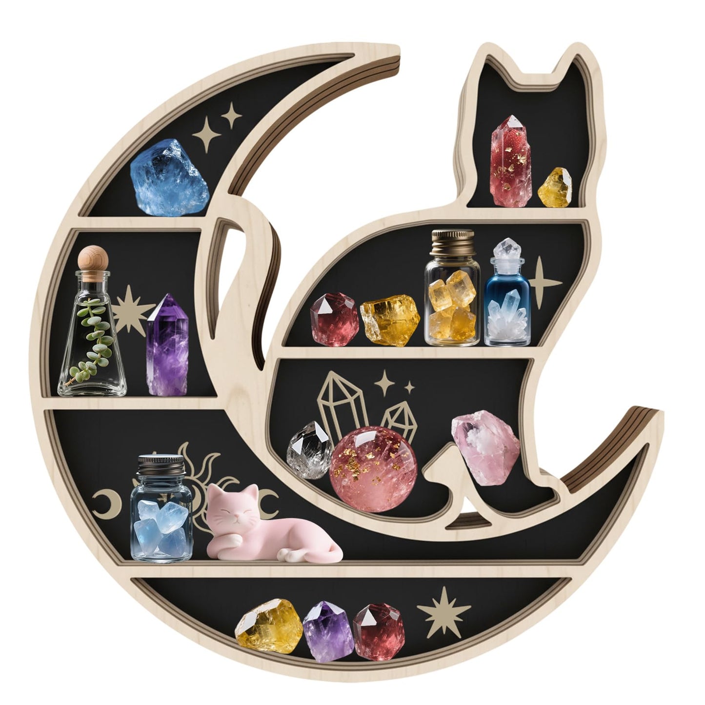 peacoblue Moon and Cat Shaped Crystal Display Shelf 11.1" L× 11.8" W× 1.2" Wooden Wall Mounted Decor for Crystals, Gemstones & Trinkets for Bohemian, Witchy & Modern Interiors