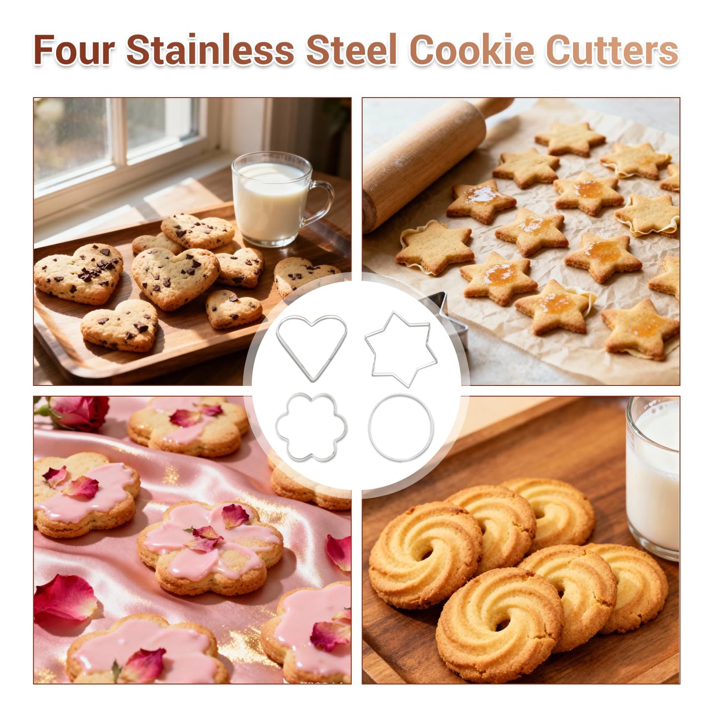 Adjustable Rolling Pin with Thickness Rings, Wooden Dough Roller & 12 Stainless Steel Cookie Cutters Set – 5-in-1 Baking Kit for Pizza, Fondant, Pie, Cookies, Pastry, 17" Non-Stick Wood