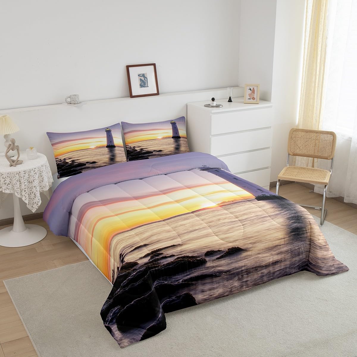 Castle Fairy White Lighthouse Comforter Set Queen Size Natural Sea Sunset Bedding Set Bedroom Decor Coastal Scenery Quilt Set Comfortable and Breathable 3D Lighthouse Duvet Insert with 2 Pillowcases