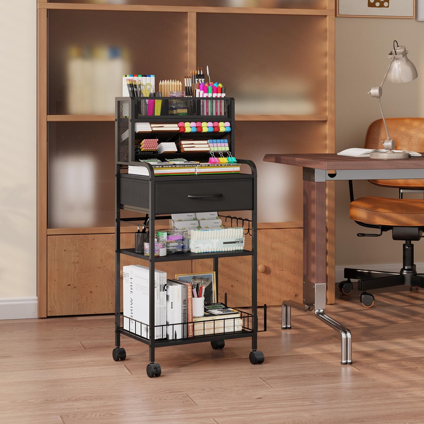 Homsorout Art cart, 3 Tier Rolling Cart - Utility Cart with Storage Drawer and Wheels, Versatile Art & Craft Organizer for Home, Office, or Studio Ideal for Storing Brushes, Paints (Black)