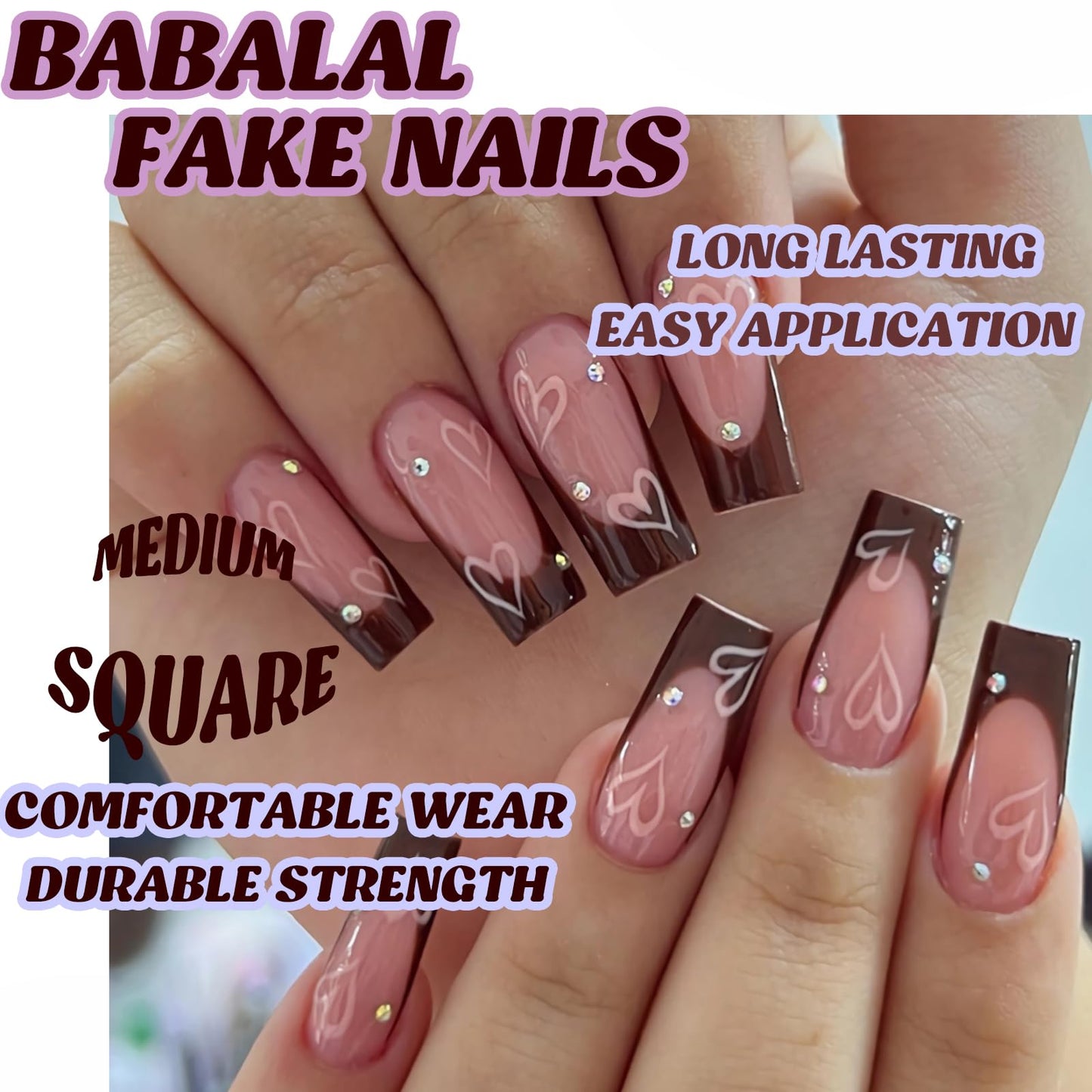 BABALAL Fall French Tip Art Nails Medium Square 24Pcs Squoval Manicure False - Brown Glue on Shiny Acrylic Heart Rhinestone Design Cute Nails for Women & Girls