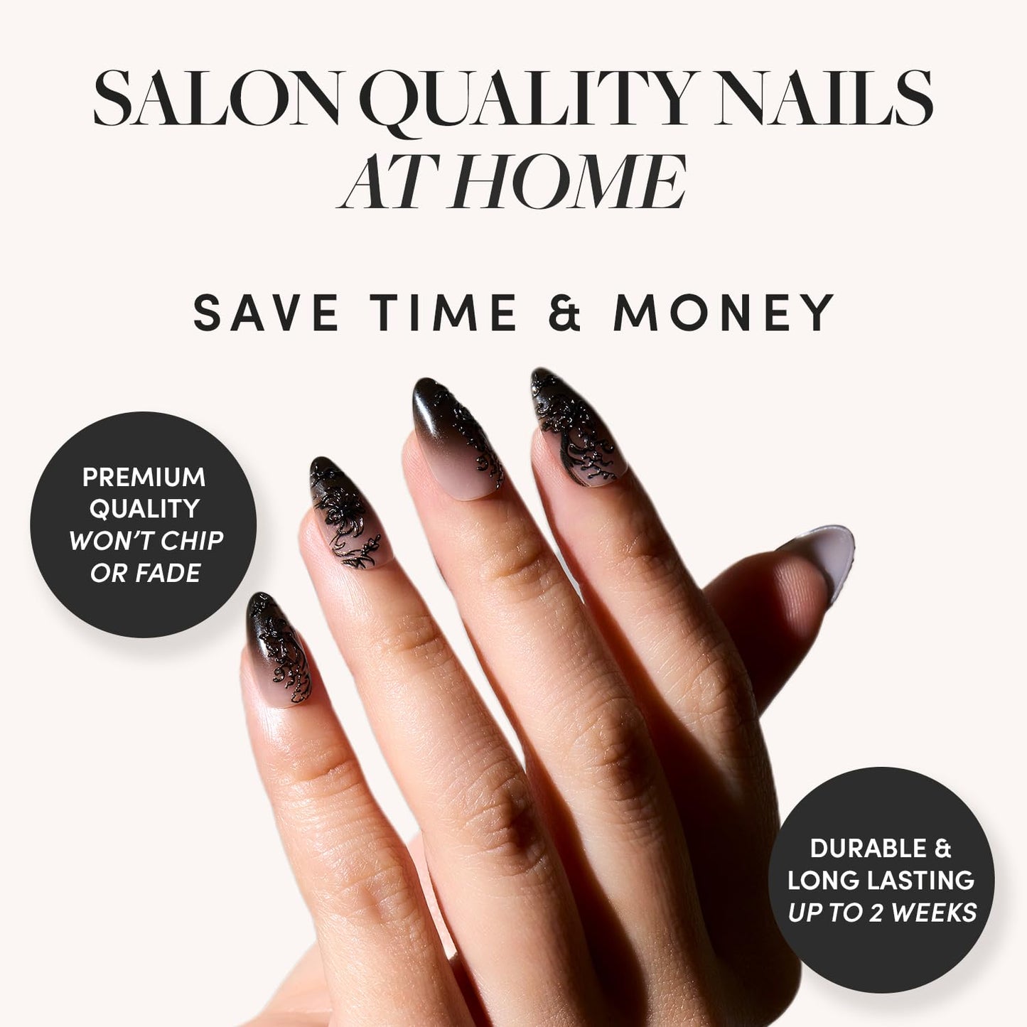 Glamnetic Press-On Nails Bundle - 'Til Death, Angel & Caviar | Ombre 3D Lace Fake Nails | Opaque White Nails | Short Almond Black French Tip False Nails