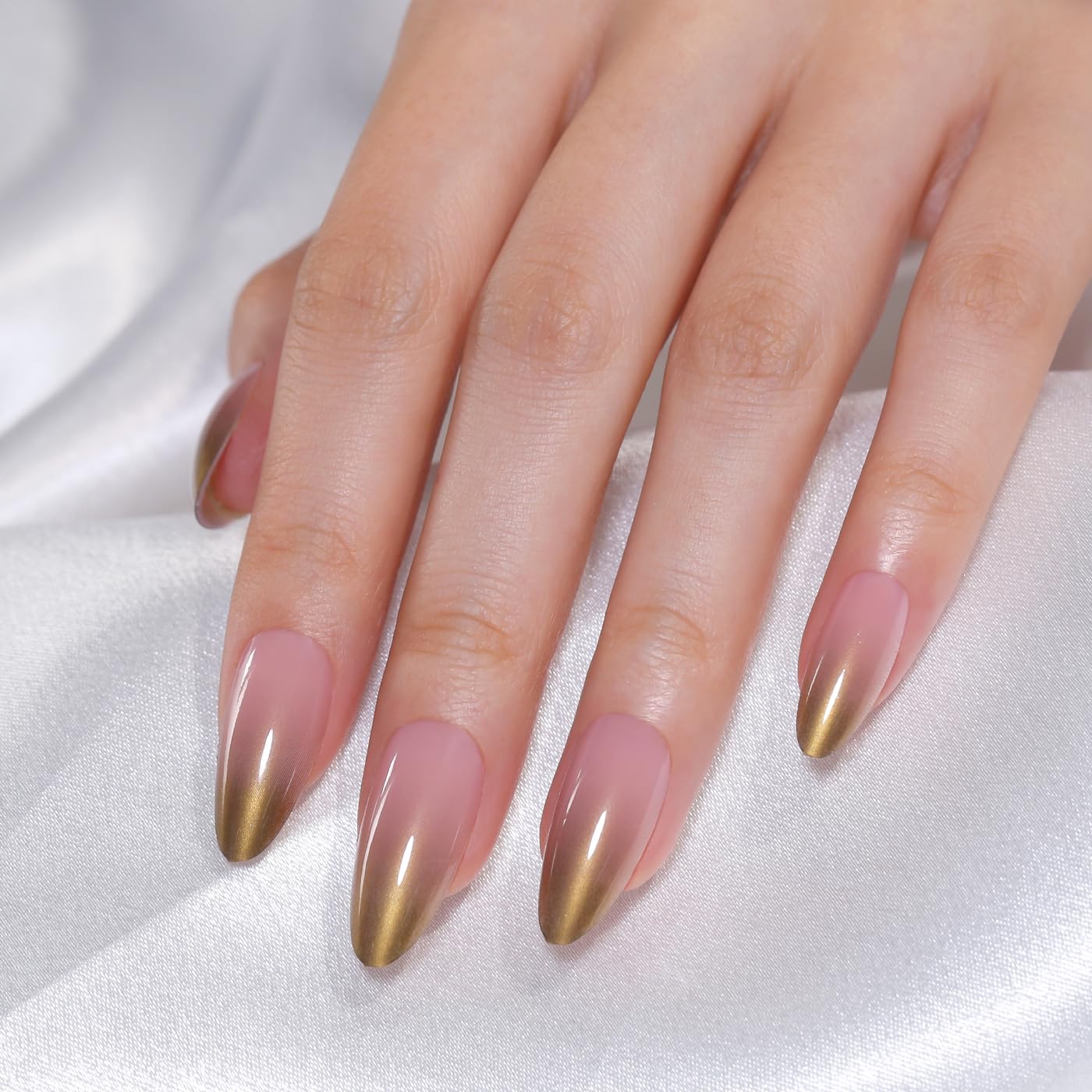Goolich Gold Chrome French Tip Press On Nails Medium Almond, Sheer Pink Nails Press ons Set with Adhesive Tabs, 24 Pcs 12 Size Reusable Full Cover Glue on Nails for Women