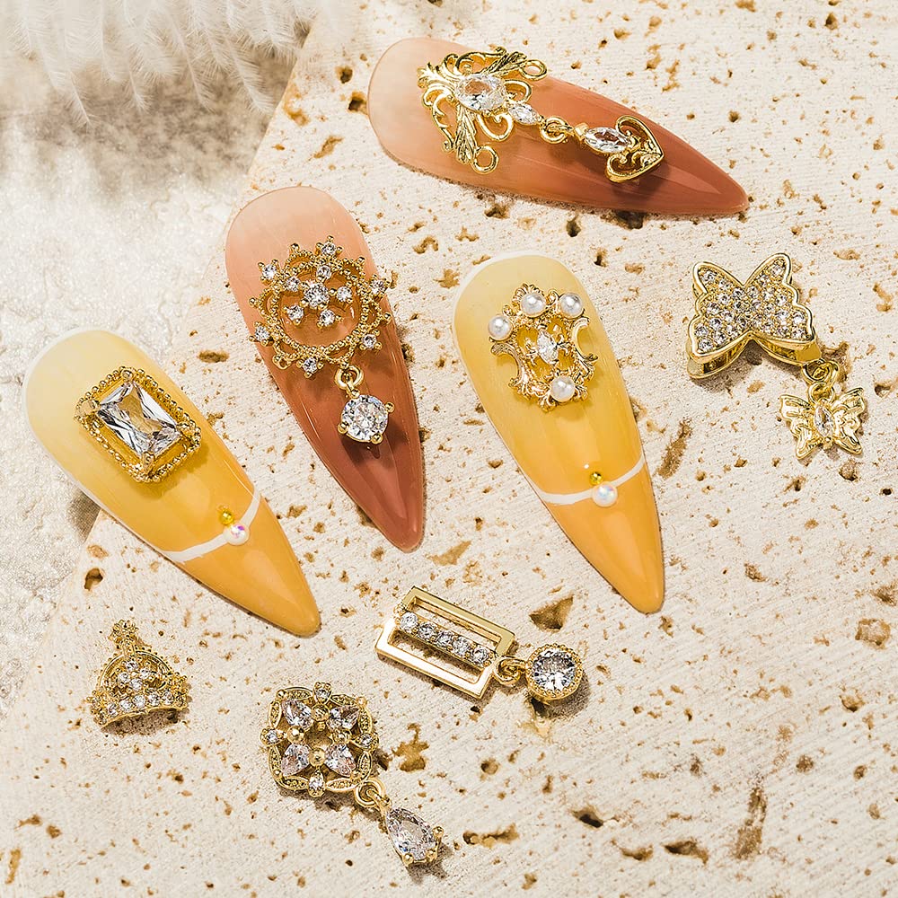 HNUIX Nail Charms and Gems - Gold Copper Zircon, Multiple Shapes, Metal Jewelry Rhinestones Charms, 24Piece