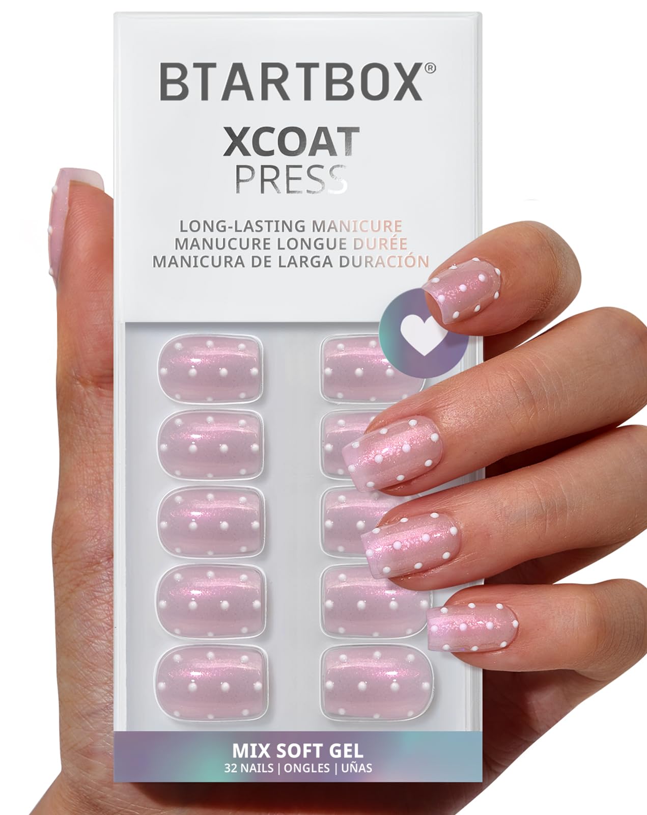BTArtbox Press On Nails Short - Sugar Pop, Lamp-Curable Polka Dot Glitter Square Press On Nails with Glue and Adhesive Tabs for Women in 16 Sizes - 32 Soft Gel Glue On Nails Kit