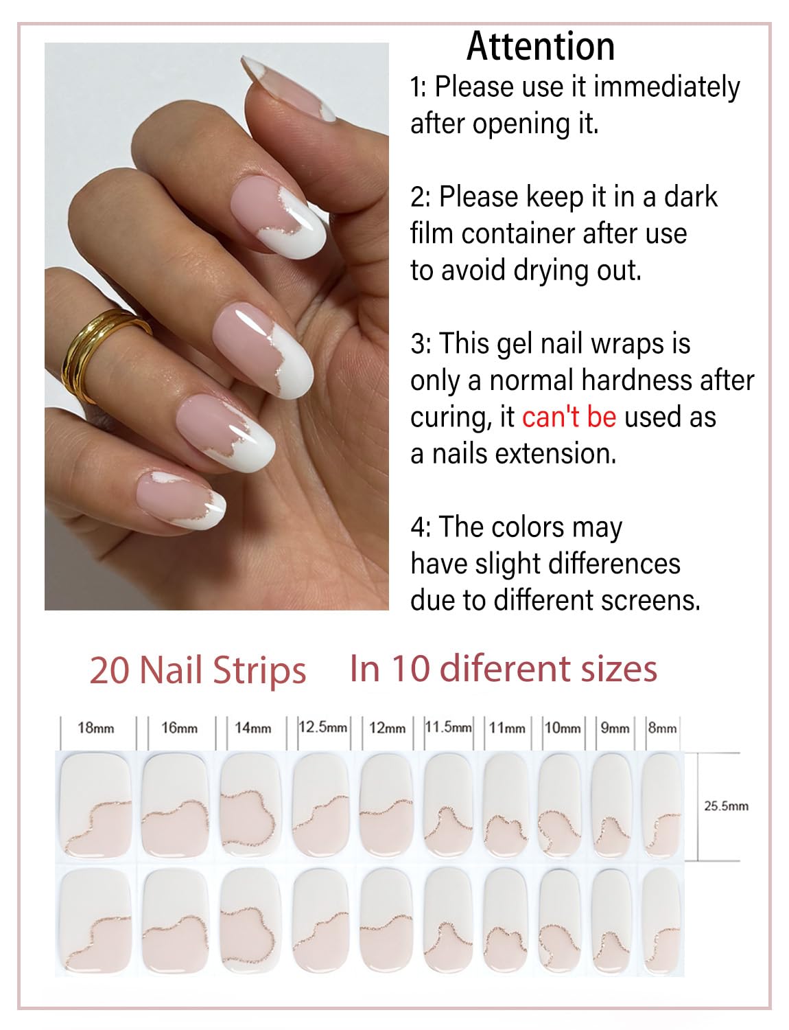 Semi Cured Gel Nail Strips,Irregular French, Glitter Lines 20pcs Gel Nails Sticker UV for Home Nails DIY