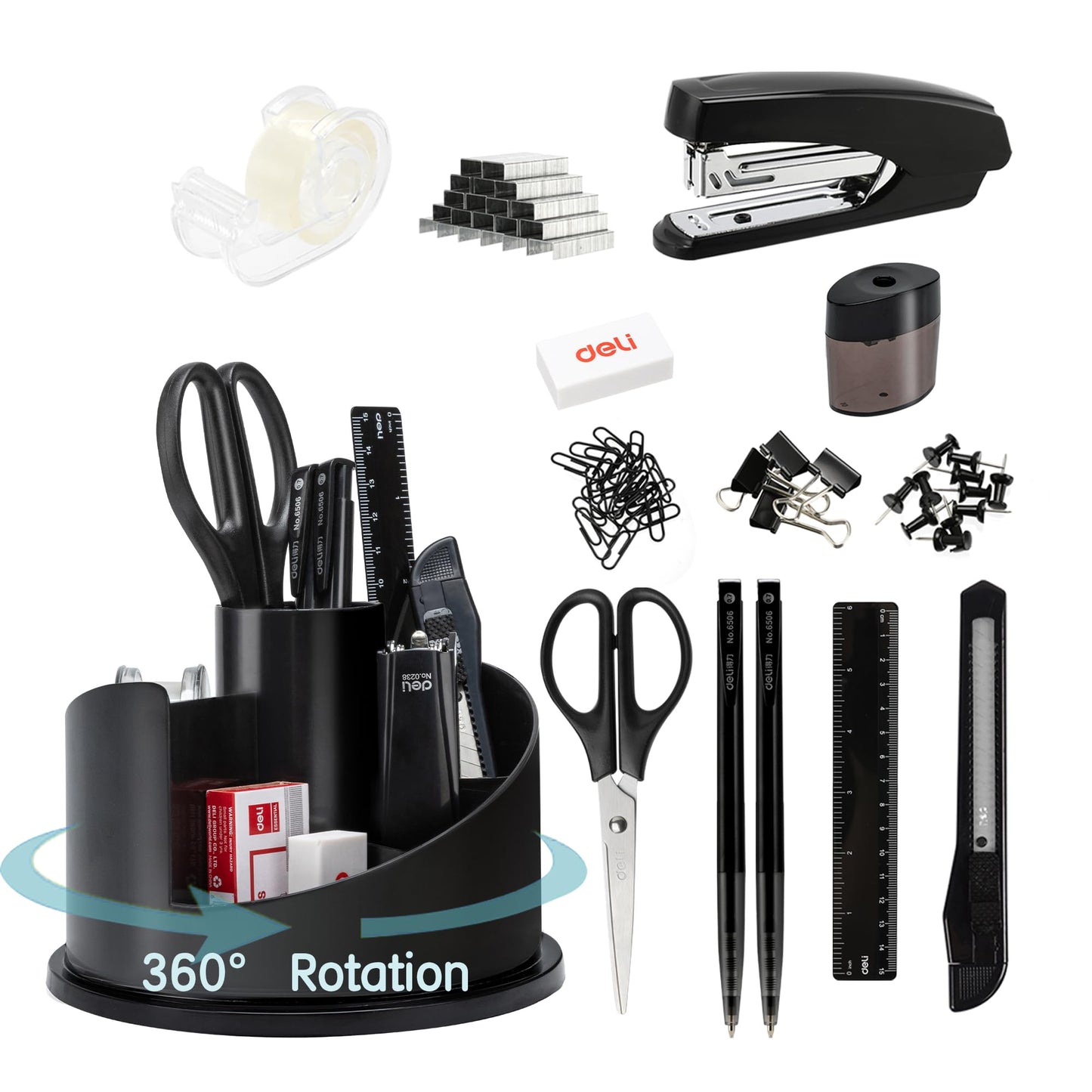 deli Office Supplies Set, 1045 Pcs-Desk Accessory Organizer Kit, Stapler Set, Rotating Multi-Functional Pen Holder, Tape Dispenser, Pens, Binder Clips, Sharpener, Scissor, Eraser, Black