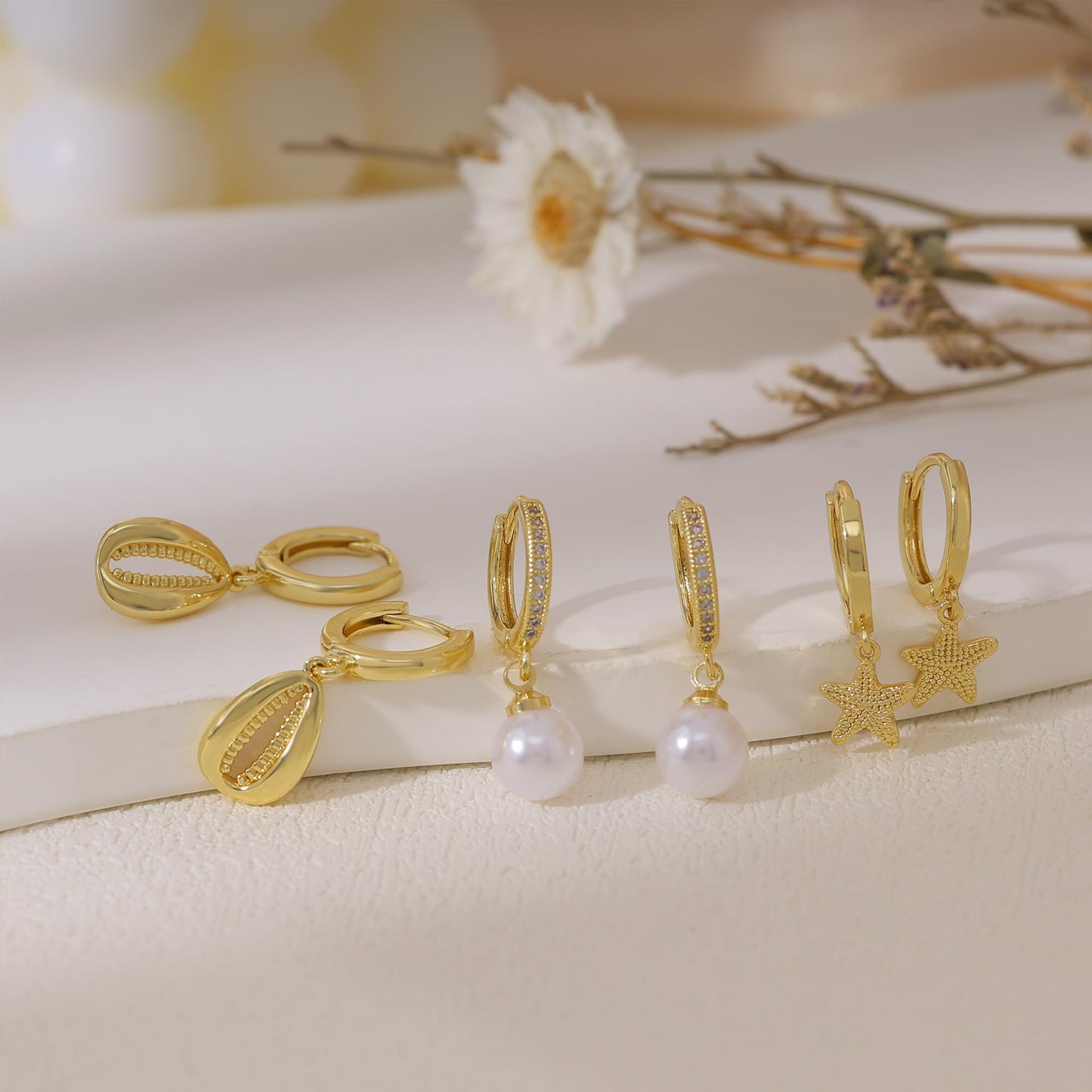 SELFROSE Summer Starfish Earrings 14k Gold Plated Pearl Drop Earrings Stack Dainty Cute Beach Earrings Hypoallergenic Cute Shell Earring Stack Boho Beach Summer Jewelry