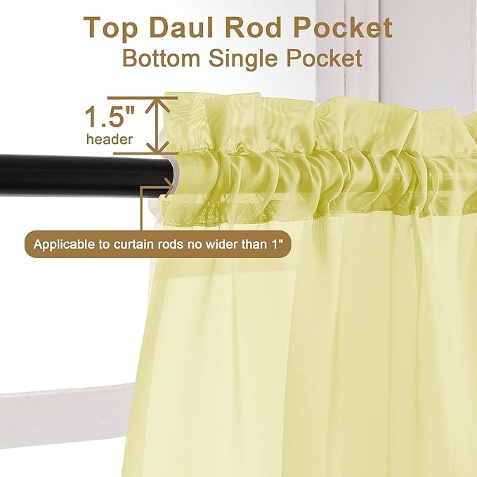 Chyhomenyc Lemon Sheer Curtains 30 inch Length 2 Panels, Light Filtering Voile Rod Pocket Short Window Curtians for Bathroom Living Room Farmhouse Small Windows, 42Wx30L inches