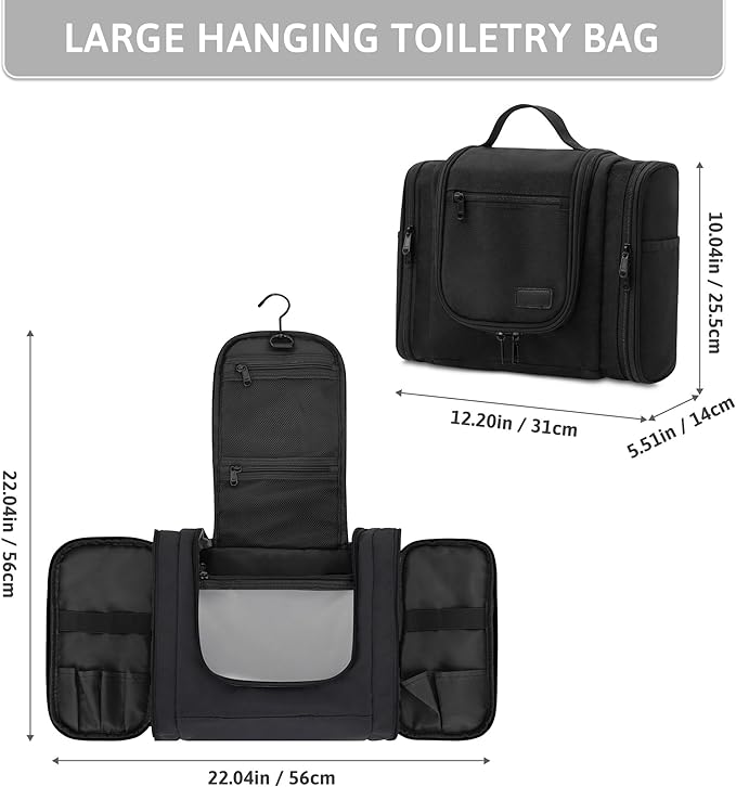 Pearl Angeli Hanging Toiletry Bag for Women, Large Makeup Cosmetic Bag, Water Resistant Toiletries Travel Essentials Organizer, Full-size Container, Black