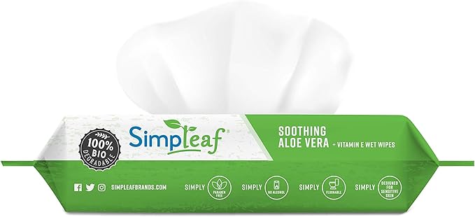 Simpleaf Flushable Wet Wipes Aloe Vera | Plastic Free, Paraben & Alcohol Free | Hypoallergenic & Safe for Sensitive Skin | Soothing Aloe Formula | Adult Toilet Wipes (6 x 50 Counts Pack) 300 Counts