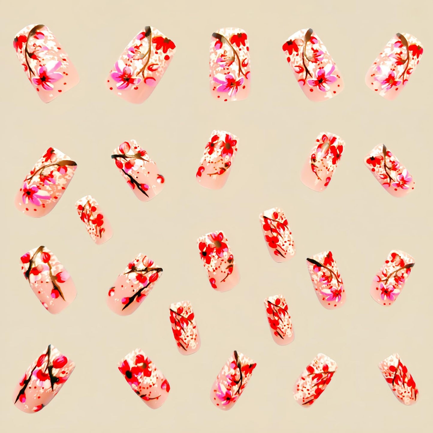 CJDLTS Pink Flower Press on Nails Medium Square Nails Pink Press Nails Spring Floral Stick on Nails Ful Cover Acrylic Nails Glitter Powder Sequins Design Artificial Nails 24Pcs Glue on Nails for Women