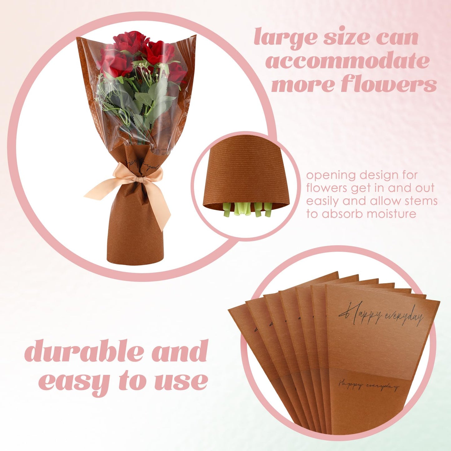 Harloon 100 Pcs Flower Bags for Bouquets Clear Flower Wrapping Papers Sleeves 11 x 5.1 x 17.3in Multiple Florist Packaging Supplies for Anniversary Wedding(Coffee)