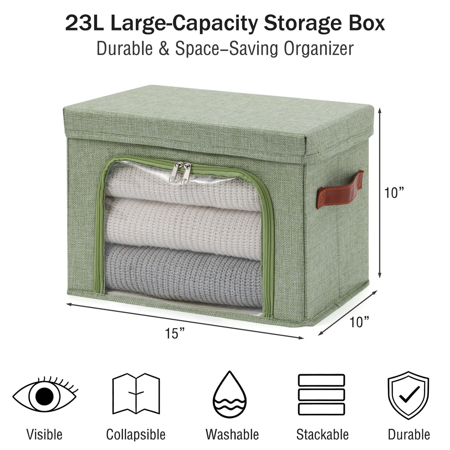 LOLUVIZCO 2PCS Large Storage Bins Boxes with Lids Clear Window Zipper Closure Decorative Cotton Linen Fabric Baskets with PU Leather Handles PP Board Collapsible Shelf Closet Organizer (Light Green)