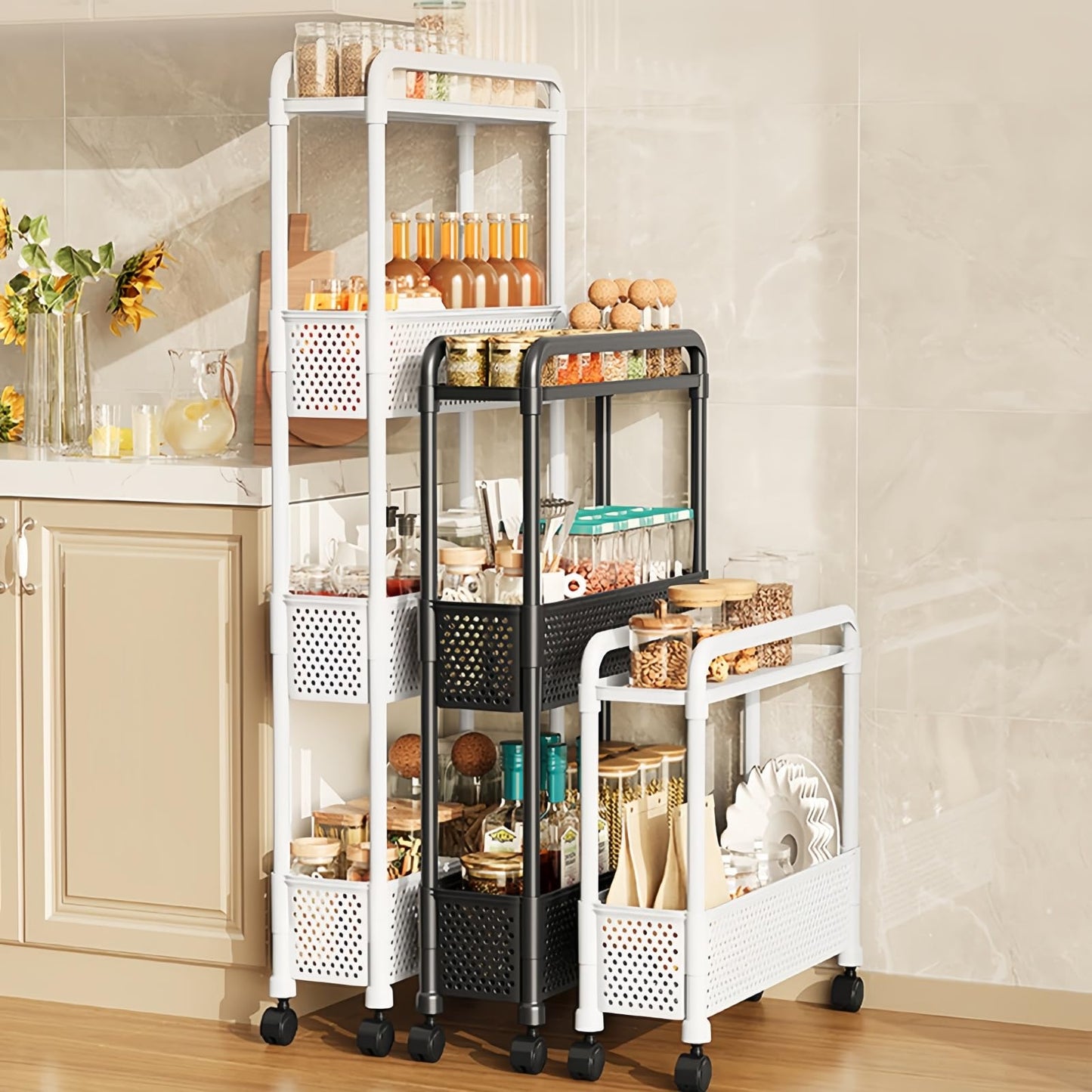 runsfeld Slim Storage Cart, Kitchen Gap Storage, Multi-Layer Organizer with 360° Swivel Wheels for Kitchen Bathroom (Black,3 Tier)