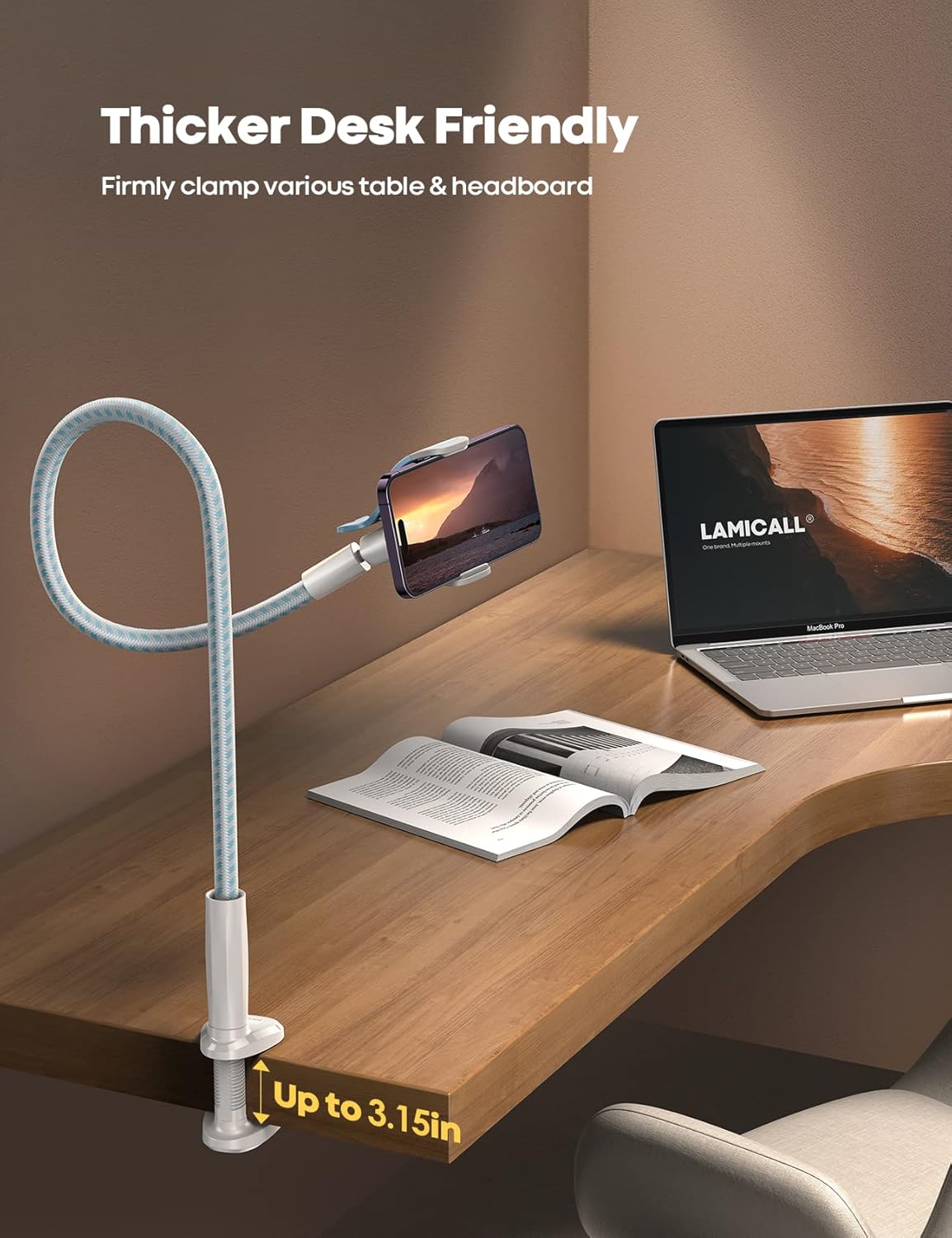 Lamicall Gooseneck Phone Holder Bed - [Nylon Braided] Flexible Arm, Overall Length 38inch, 360 Adjustable Clamp Clip, Overhead Cell Phone Mount Stand for Bed, Blue White