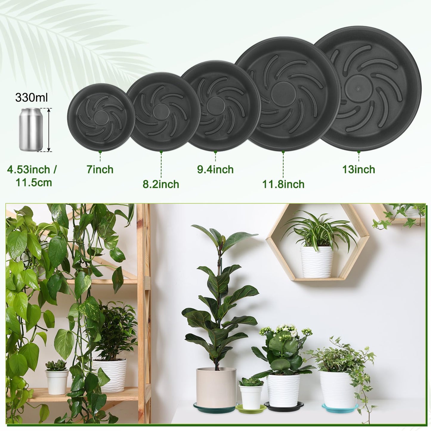 M METERXITY 2-Pack Plant Saucer, 6.5 Inch/ 16.5cm Plastic Plant Trays Thicker for Pots/Indoor/Outdoor/Water Drainage and Protection, Flowerpot Drip Tray [Grayish Black]