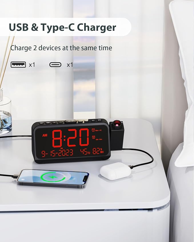 Roxicosly Projection Alarm Clock for Bedroom Ceiling, 118 dB Super Loud for Heavy Sleepers, Plug in Dual Alarm with Weekday/Weekend, 6.7" Large Dimmable Display with Day Date Indoor Temp Humidity