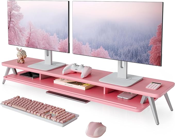 Fenge Dual Monitor Stand, Monitor Stands Riser for 2 Monitors, 42.5 Inch Wood Desk Shelf with Storage Organizer and Cable Management for Office Desk Accessories