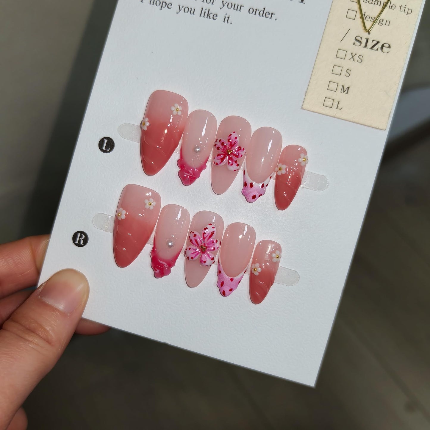 TENPAL Almond Press on Nails - Pink French Ombre & 3D Texture with Polka Dot & Wave Carving, Reusable & Handmade False Nails for Spring Summer | Sweet Watercolor Style(L）