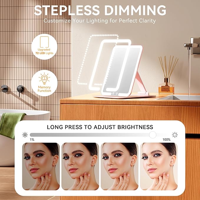Auxmir Travel Makeup Mirror with 3 Dimmable Color Lights, Portable Foldable LED Lighted Travel Makeup Mirror, Rechargeable Compact Vanity Mirror with Light, Adjustable Height and Angle for Desk, Pink