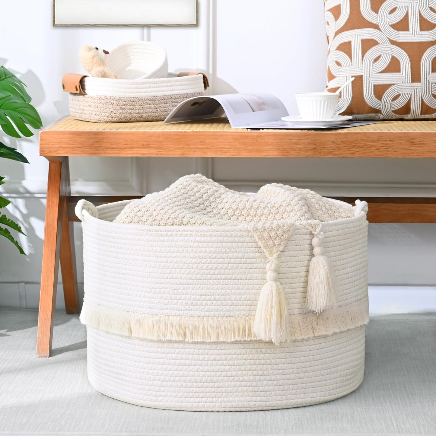 Degeyoyo 67L Large Blanket Basket, 20"x13" Woven Storage Baskets With Handle, Cotton Rope Blanket Basket Living Room, Baby Laundry hamper for Blanket, Nursery, Toy, Pillow (White)