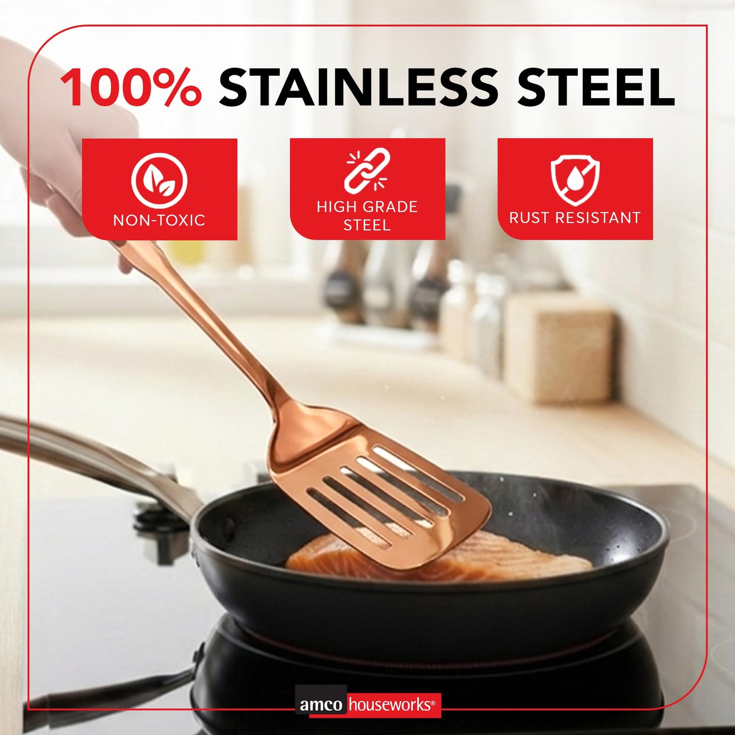 Amco 5-Piece Stainless Steel Cooking Utensil Set, Copper Finish - Includes Kitchen Ladle, Slotted Turner, Skimmer, Solid Spoons - 14" with Hanging Holes for Easy Storage, Durable Kitchen Gadgets