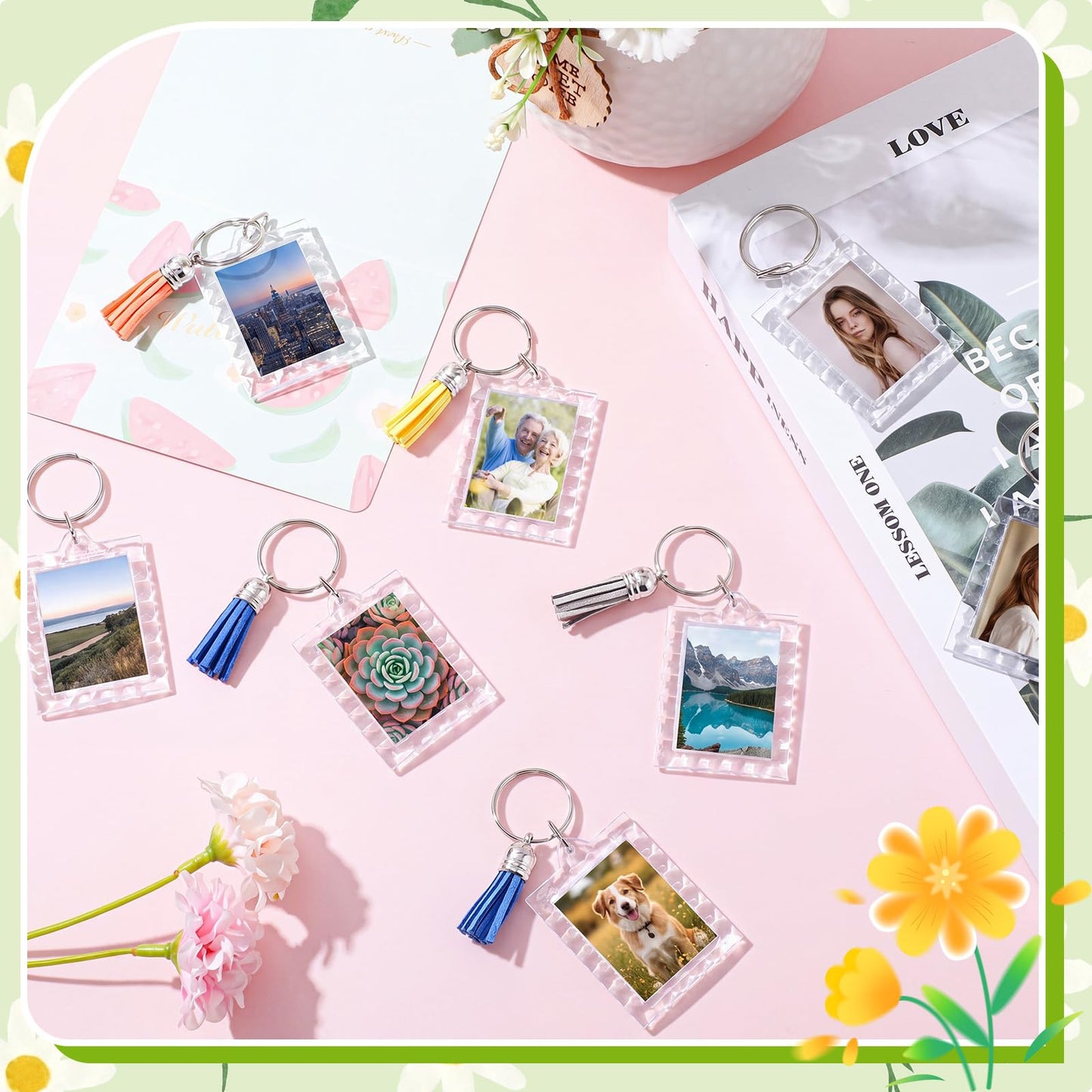 Yaomiao 25 Set Acrylic Photo Keychain with Tassel Clear Blank Custom Keychain Frame Holder Insert Picture Keyring Making Kit (Wavy Rectangle)