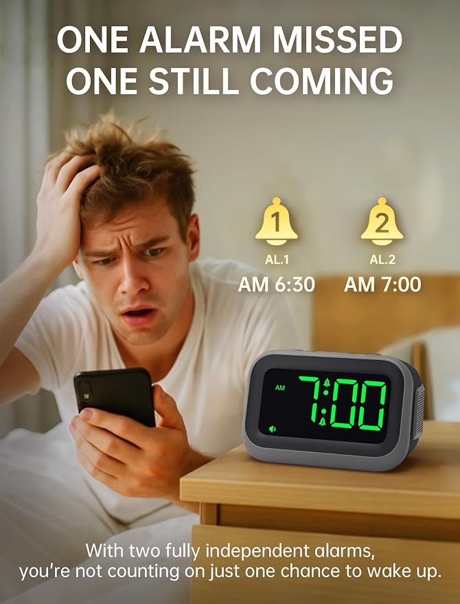 Acedeck Super Loud Alarm Clock: 115dB Wake-Up Power | Dual Alarms and 6 Alarm Sounds for Heavy Sleepers Adults and Shift Workers - Bedroom and Daily Wake-Up Use (Green Digits)