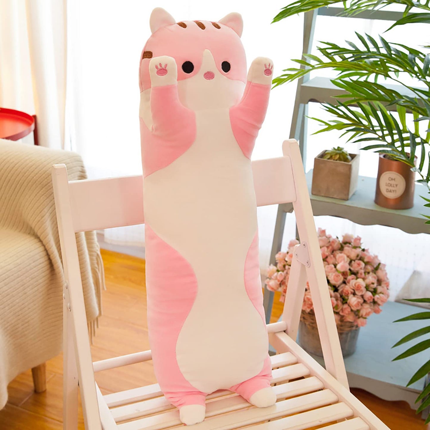 Handytoolinc Soft Cat Plush Pillow Long Stuffed Animals Sleeping Pillow Cotton Kitten Pillow Cute Long Body Pillow Gift for Kids Girlfriend (35.4inch/90cm,Pink)