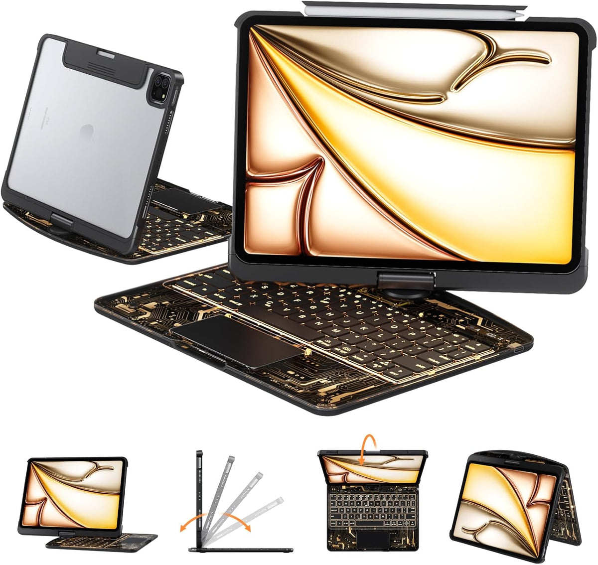 Transparent Case with Keyboard for iPad 11th Gen 11 Inch.(A16, 2025) & 2022 iPad 10th Gen 10.9 Inch,7-Color Backlit,Wireless Keyboard, 360°Rotating,with trackpad,Pencil Holder,with Shortcuts,black