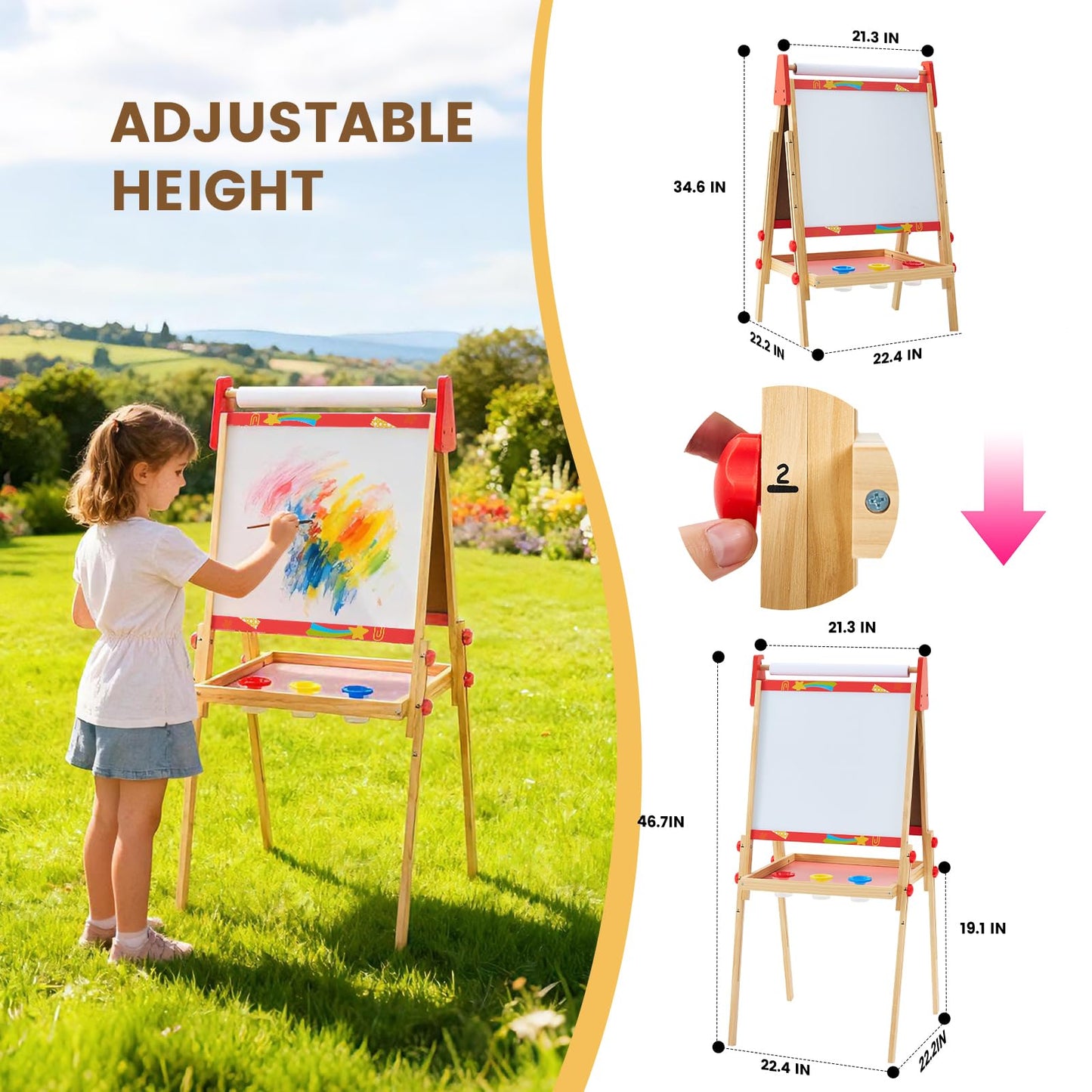 DUMOS Kids Easel Set with Paper Roll, Adjustable Height Double-Sided Magnetic Chalkboard & Whiteboard Art Station for Ages 3+, Dry Erase Board, Gift for Girls and Boys, Red