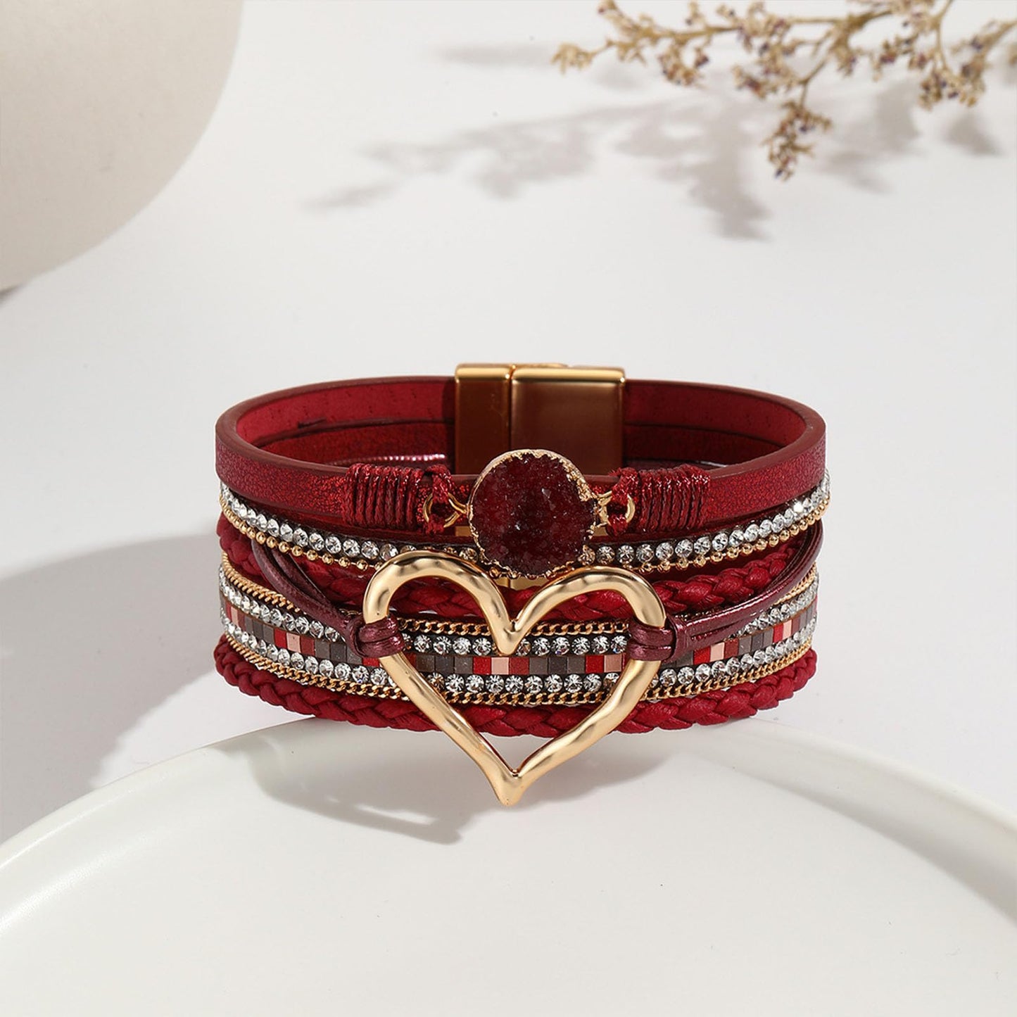 VIBILIA Boho Leather Wrap Bracelets for Women Heart Multi-Layer Bracelets with Strong Clasp Jewelry for Women - Dark Red