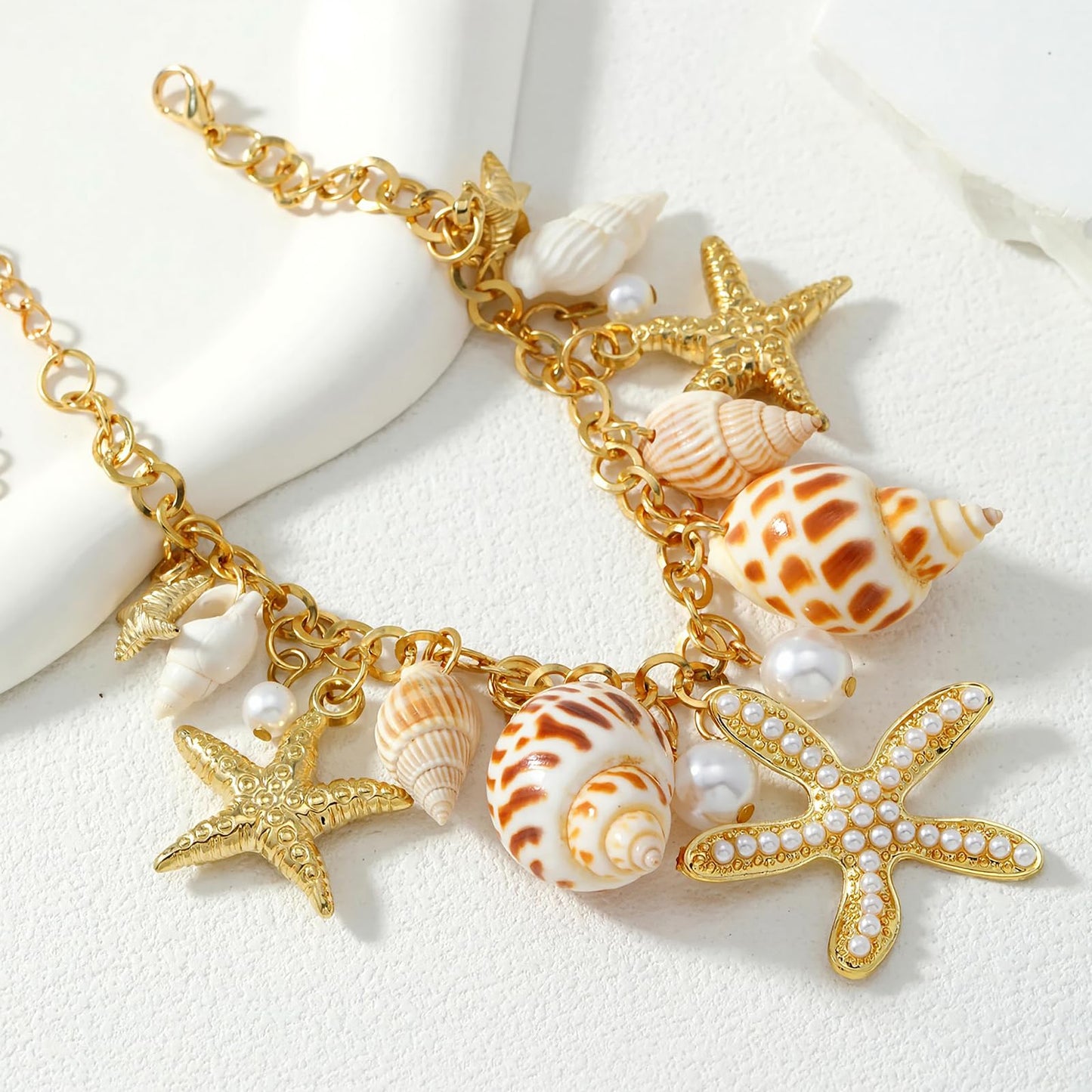 Qceasiy Shell Ankle Bracelet Set for Women, Gold Plated Boho Bead Adjustable Anklet, Hawaiian Beach Seashell Pearl Heart Starfish Conch Foot Jewelry Gifts (Conch Starfish1)