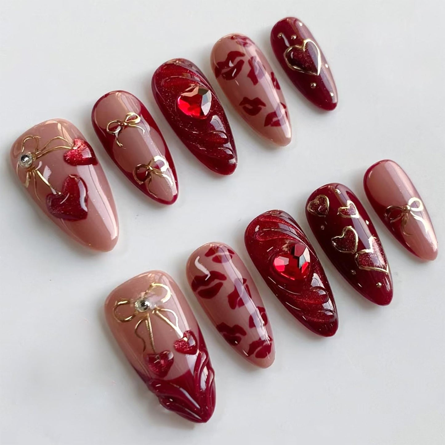 VOTACOS Cat Eye Red Press on Nails Almond Medium Y2K French Tip Acrylic Fake Nails Press Ons with Designs 3D Cherry Heart Bow Glue on Nail for Women 24PCS Reusable Artificial Stick on False Nail