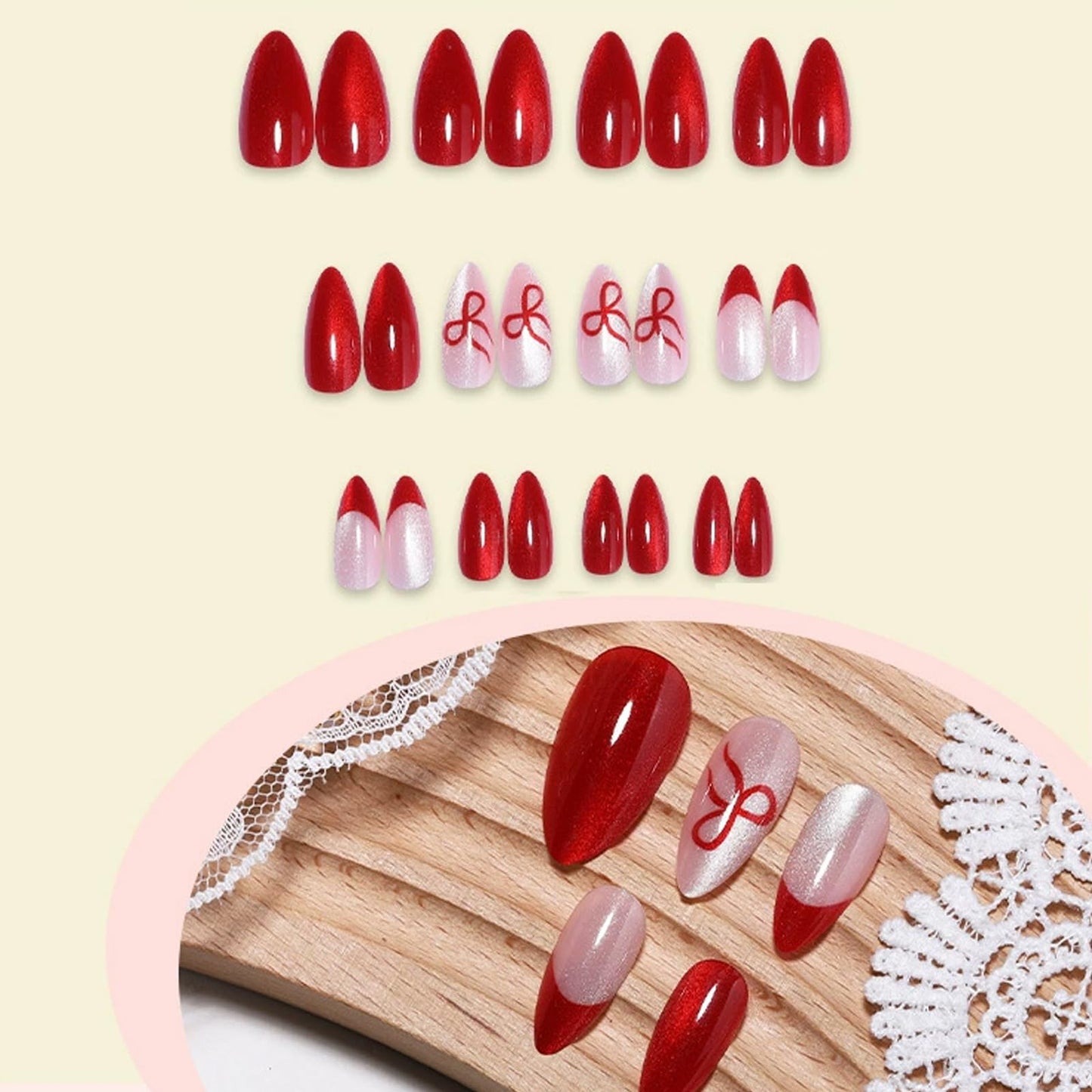 IMRAIN Press on Nails Red French Tip Fake Nails Medium Almond False Nails - Cat's Eye, Bow Designs Reusable Acrylic Artificial Glue on Nails 24Pcs DIY Manicure Decor